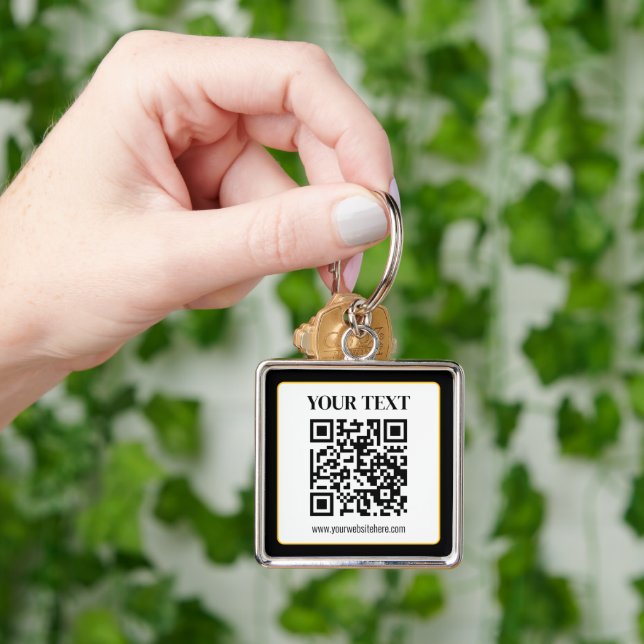 Business QR code w/Top & Bottom Text, Black & Gold Keychain (Hand)
