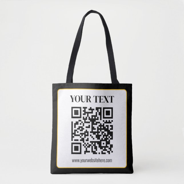 Business QR code w/Top & Bottom Text, Black & Gold Tote Bag (Front)