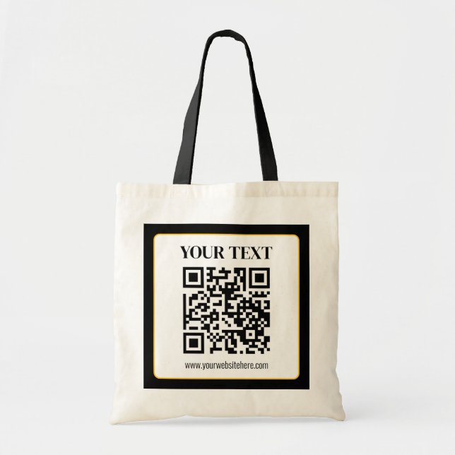 Business QR code w/Top & Bottom Text, Black & Gold Tote Bag (Front)