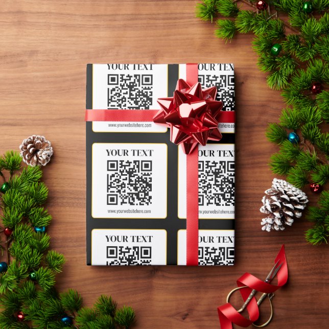 Business QR code w/Top & Bottom Text, Black & Gold Wrapping Paper (Holiday Gift)