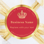 Business red gold royal crown website classic round sticker<br><div class="desc">Red background,  decorated with a faux gold frame and crown.  Personalize and add your text,  and website url</div>