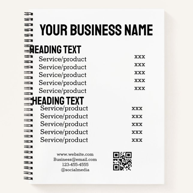 Business services products price list menu card  notebook (Front)