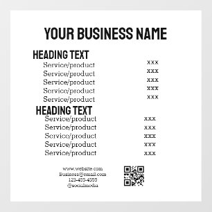 Business services products price list menu card  window cling