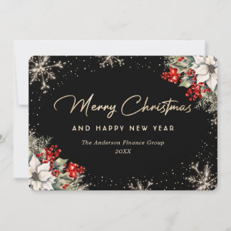 Business Snowflake Poinsettia Elegant Black Holiday Card