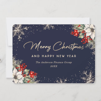Business Snowflake Poinsettia Elegant Blue Holiday Card