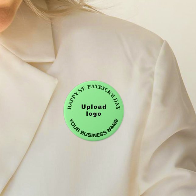 Business St. Patrick Greeting on Light Green Round 3 Inch Round Button (Business name and logo with Happy Saint Patrick's Day greeting on light green round button.)