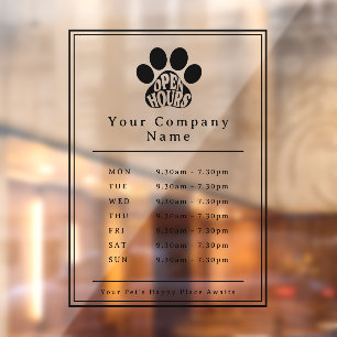 Business Storefront Open Hours Black Paw Print Window Cling