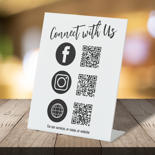 Business Tabletop QR Code Simple Social Media Pedestal Sign (Connect with us Social Media and website sign with three QR Codes)