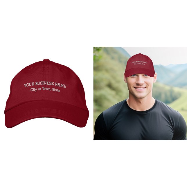 Business Text Embroidered on Red Cap (Business name and location embroidered on red cap)