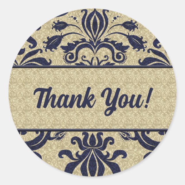 Business Thank You Blue and Taupe Damask Classic Round Sticker (Front)
