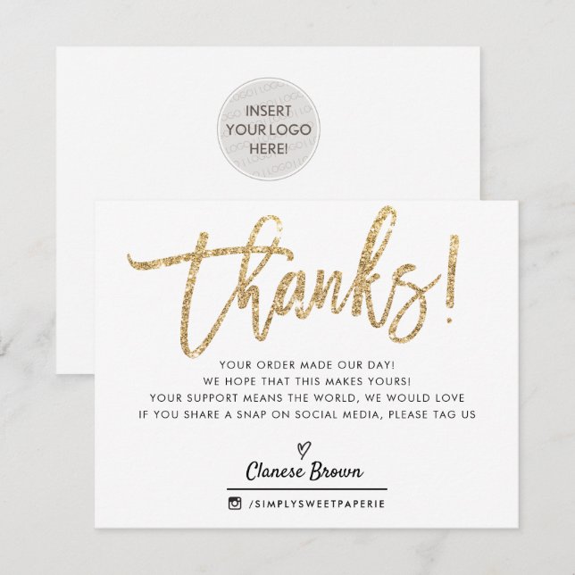 BUSINESS THANK YOU chic gold glitter instagram Card (Front/Back)