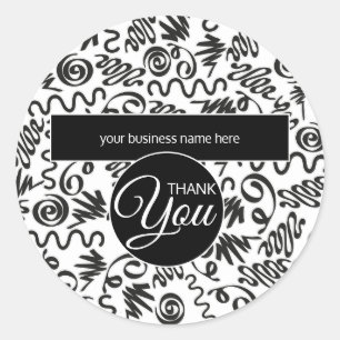 Business Thank You Doodle Curls Black and White Classic Round Sticker
