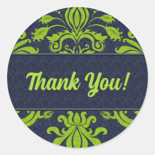 Business Thank You Green and Navy Damask Classic Round Sticker