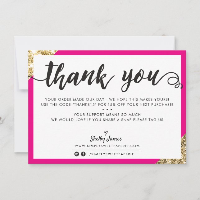 BUSINESS THANK YOU modern corner script pink gold (Front)