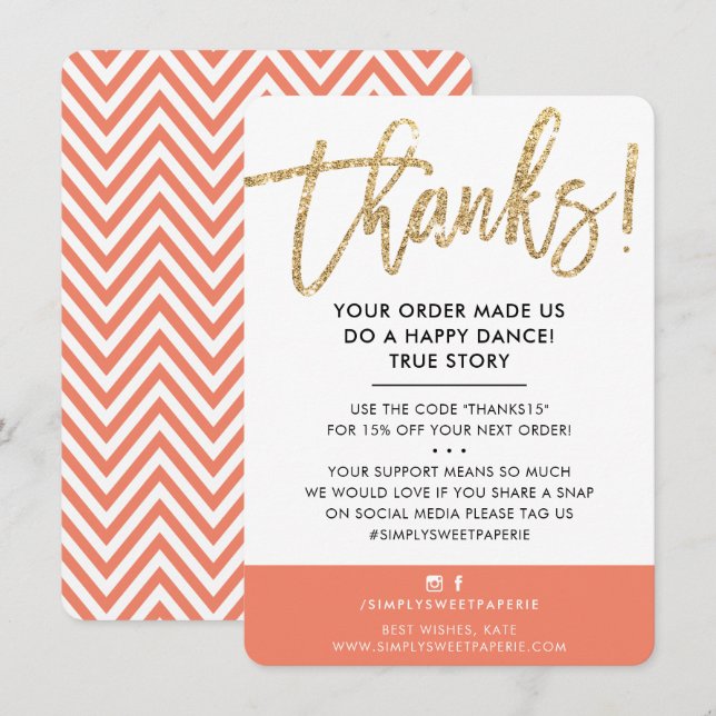 BUSINESS THANK YOU modern cute gold glitter orange (Front/Back)