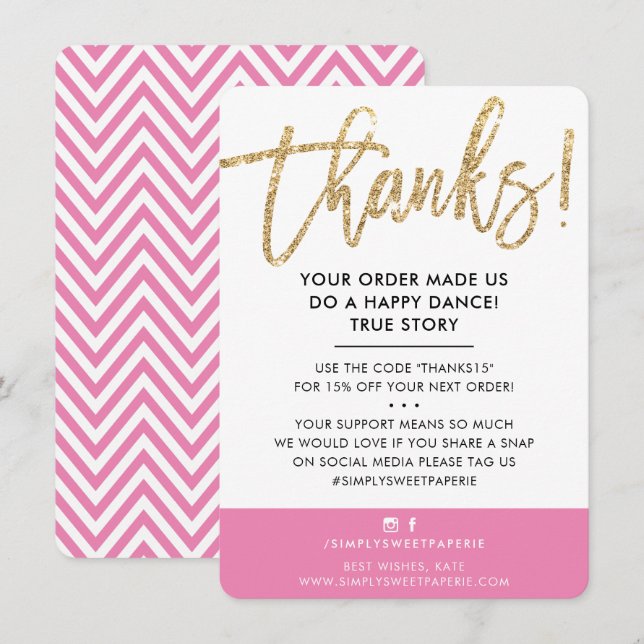 BUSINESS THANK YOU modern cute gold glitter pink (Front/Back)