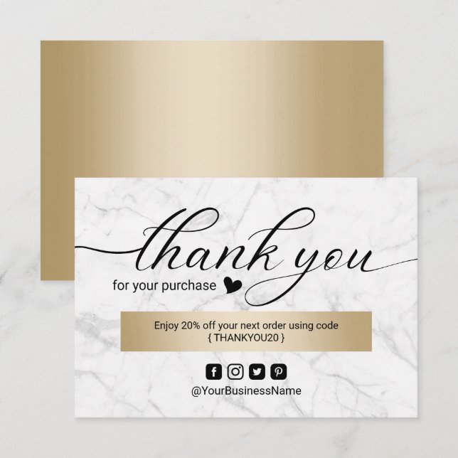 Business Thank You Modern Marble Elegant Script Card (Front/Back)
