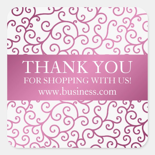 Business Thank You Modern Swirls Pink Square Sticker (Front)
