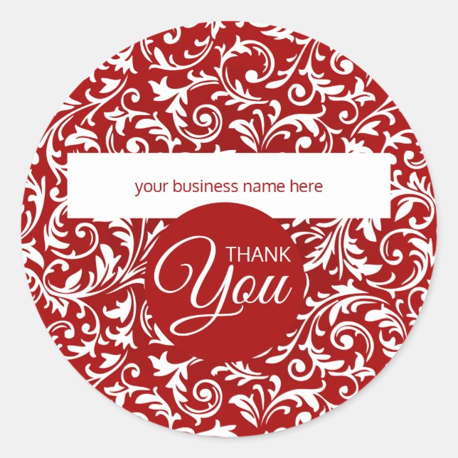 Business Thank You Red and White Bontanical Classic Round Sticker (Front)