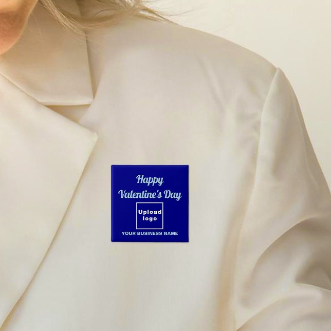 Business Valentine Greeting on Blue Square Button (Business name and logo with Happy Valentine's Day greeting on blue square button.)