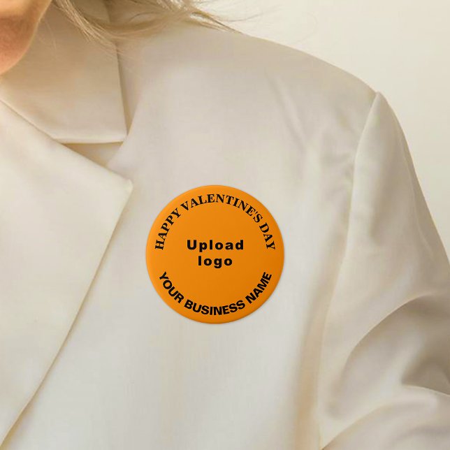 Business Valentine Greeting on Orange Colour Round 3 Inch Round Button (Business name and logo with Happy Valentine's Day greeting on orange color round button.)