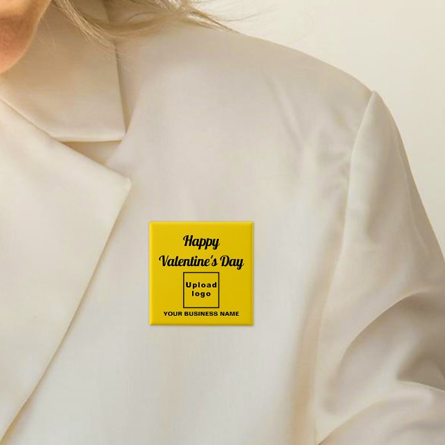 Business Valentine Greeting on Yellow Square 2 Inch Square Button (Business name and logo with Happy Valentine's Day greeting on yellow square button.)