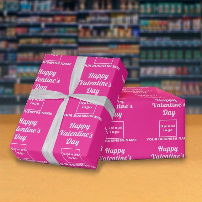 Business Valentine Pink Wrapping Paper (Business name and logo with Happy Valentine's Day greeting on pink wrapping paper in store.)