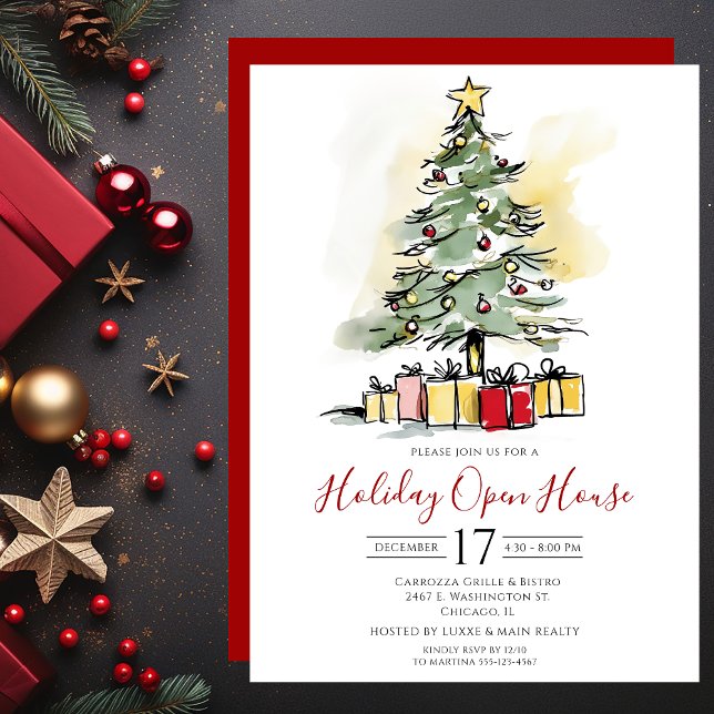 Business Watercolor Christmas Tree Open House Invitation (Creator Uploaded)