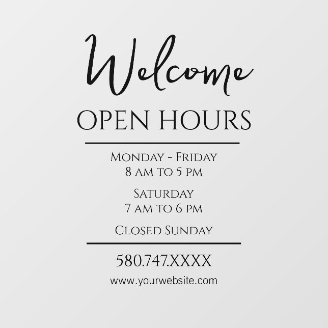 Business Welcome and Open Hours Website Window Cling (Sheet)