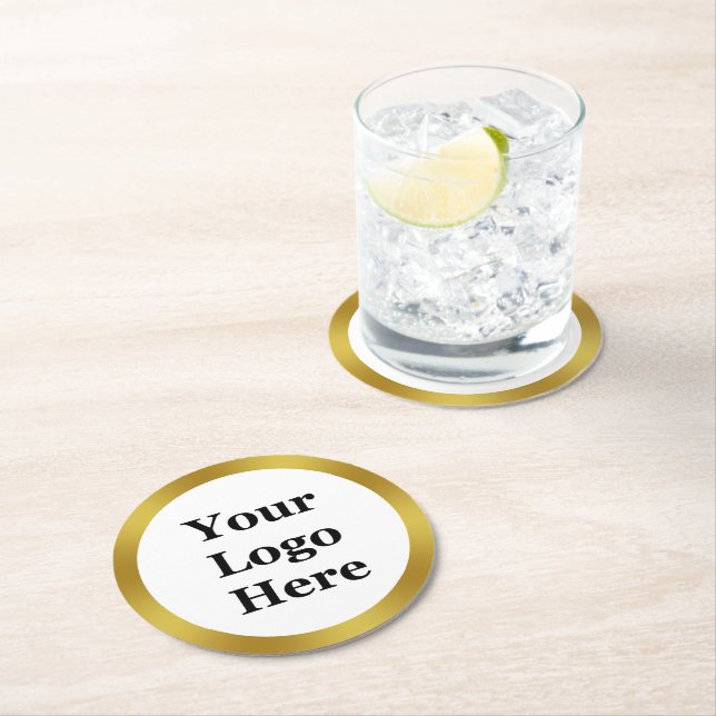 Business White and Gold Your Logo Here Round Paper Coaster (Insitu)