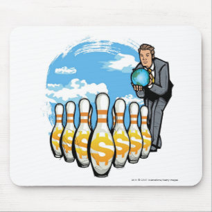 Businessman bowling a globe towards money pins mouse pad