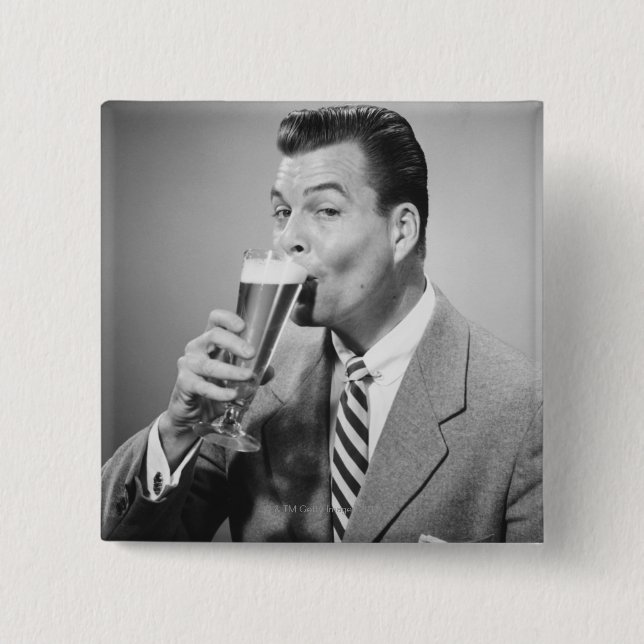 Businessman Drinking Beer 2 Inch Square Button (Front)