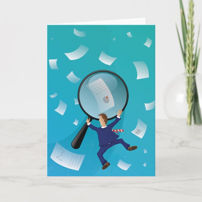 Businessman Giant Magnifying Glass Flying Papers Card (Front)