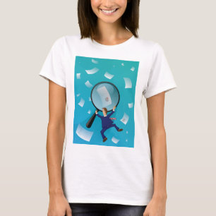 Businessman Giant Magnifying Glass Flying Papers T-Shirt