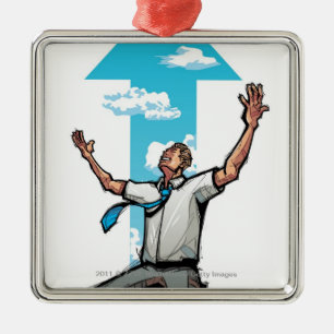 Businessman kneeling, arrow sign in the background metal ornament