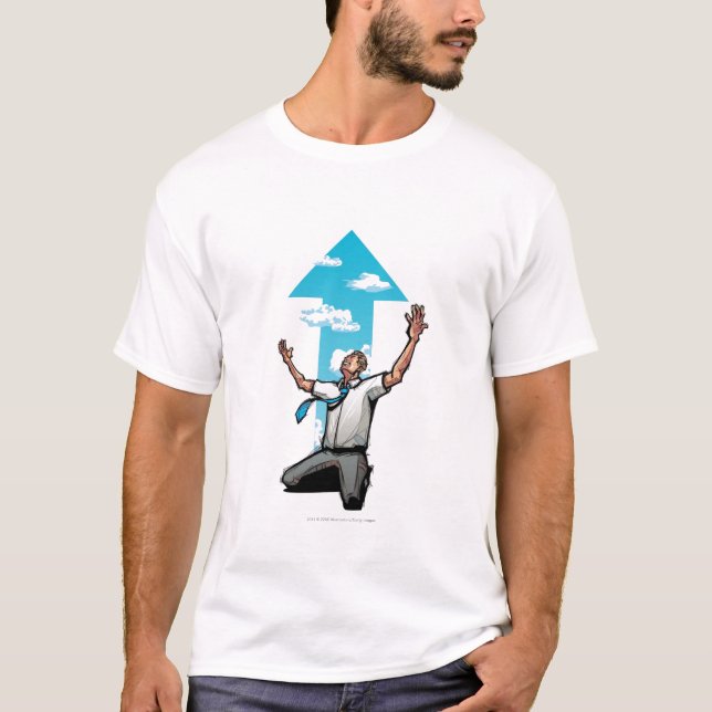 Businessman kneeling, arrow sign in the background T-Shirt (Front)