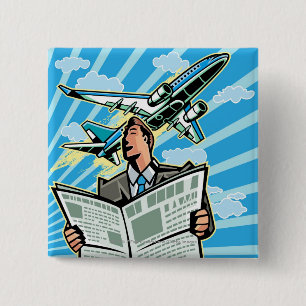 Businessman with newspaper and airplane above 2 inch square button