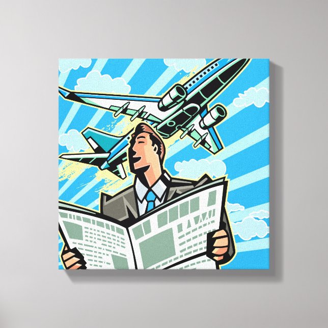 Businessman with newspaper and airplane above canvas print (Front)
