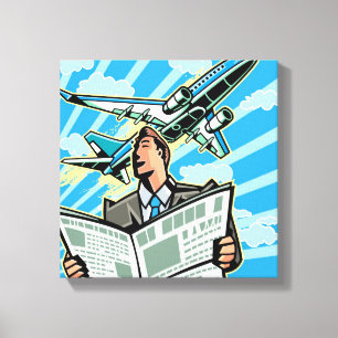 Businessman with newspaper and airplane above canvas print