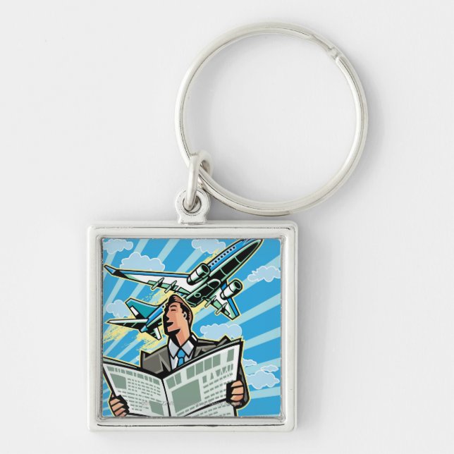 Businessman with newspaper and airplane above keychain (Front)