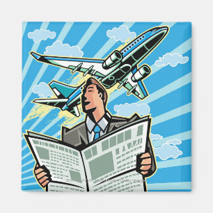 Businessman with newspaper and airplane above magnet