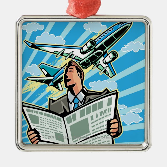 Businessman with newspaper and airplane above metal ornament (Front)