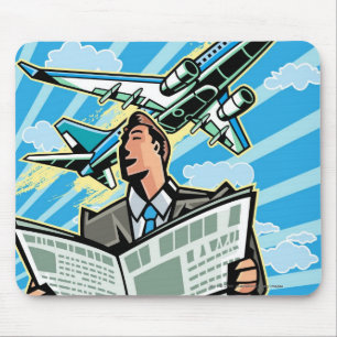Businessman with newspaper and airplane above mouse pad