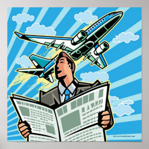 Businessman with newspaper and airplane above poster