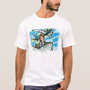 Businessman with newspaper and airplane above T-Shirt
