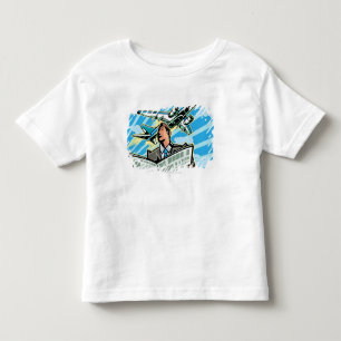 Businessman with newspaper and airplane above toddler t-shirt