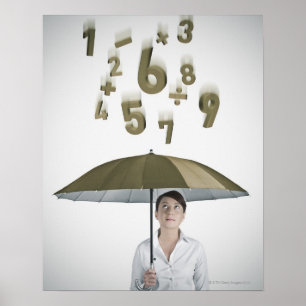 Businesswoman under umbrella with numbers and poster