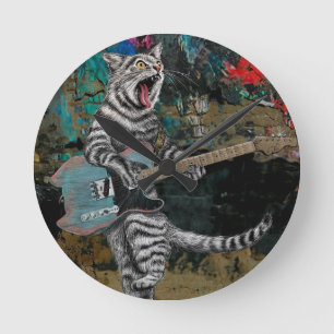 Buskers the Electric Guitar Player Cat Round Clock