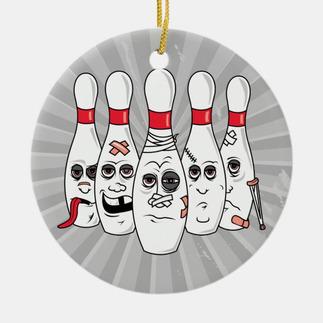 busted up injured bowling pins cartoon ceramic ornament (Front)