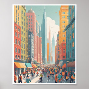 Bustling cityscape colourful buildings busy street poster